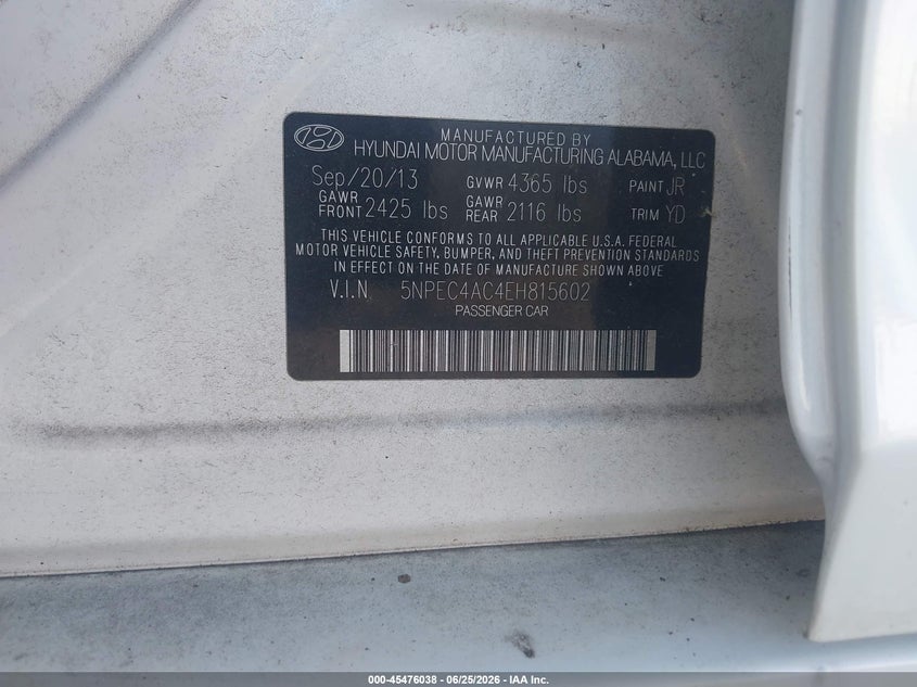 2014 Hyundai Sonata VIN 5NPEC4AC4EH815602 IAAI salvage auction — SIDE, Salvage Title, sold $625 on 2026-07-28 (photo 9)