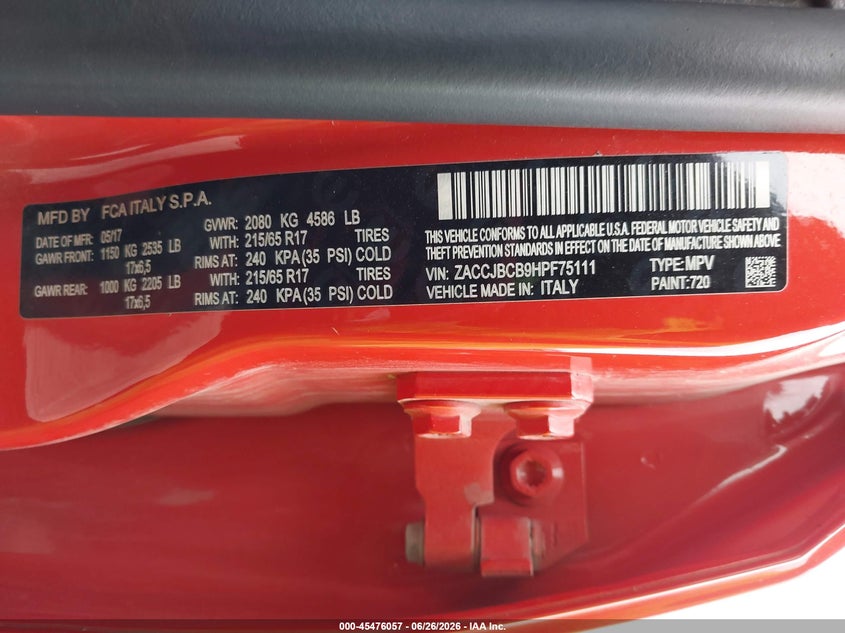 2017 Jeep Renegade VIN ZACCJBCB9HPF75111 IAAI salvage auction — FRONT & REAR, Salvage (Iowa), sold $325 on 2026-07-29 (photo 9)