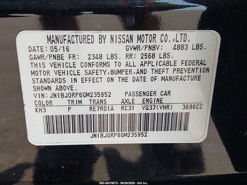 2016 Infiniti Qx50 VIN JN1BJ0RP6GM235952 IAAI salvage auction — NORMAL WEAR, Clear (Florida), sold $875 on 2026-07-06 (photo 9)