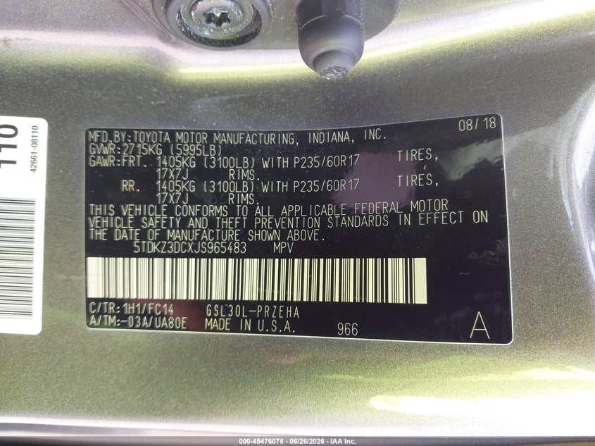 2018 Toyota Sienna VIN 5TDKZ3DCXJS965483 IAAI salvage auction — FRONT END, Salvage (North Carolina), sold $2,850 on 2026-07-29 (photo 9)