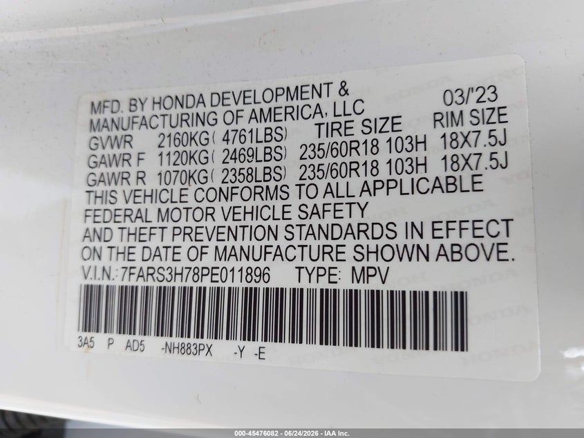 2023 Honda Cr-v VIN 7FARS3H78PE011896 IAAI salvage auction — FRONT END, Salvage (Alabama), sold $8,125 on 2026-07-22 (photo 9)