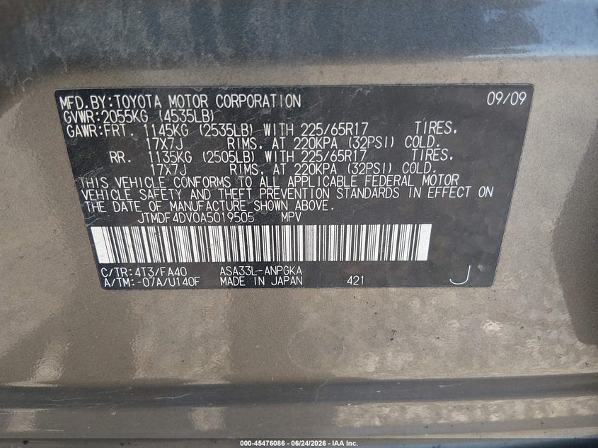 2010 Toyota Rav 4 VIN JTMDF4DV0A5019505 IAAI salvage auction — NORMAL WEAR, Clear (Maryland), sold $3,125 on 2026-07-27 (photo 9)