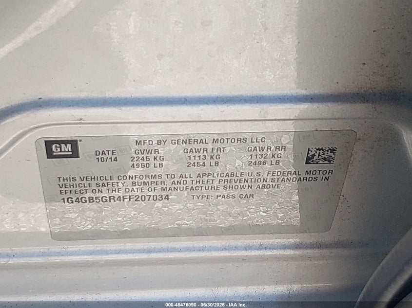 2015 Buick Lacrosse VIN 1G4GB5GR4FF207034 IAAI salvage auction — LEFT SIDE, Clear (Indiana), sold $1,300 on 2026-07-25 (photo 9)