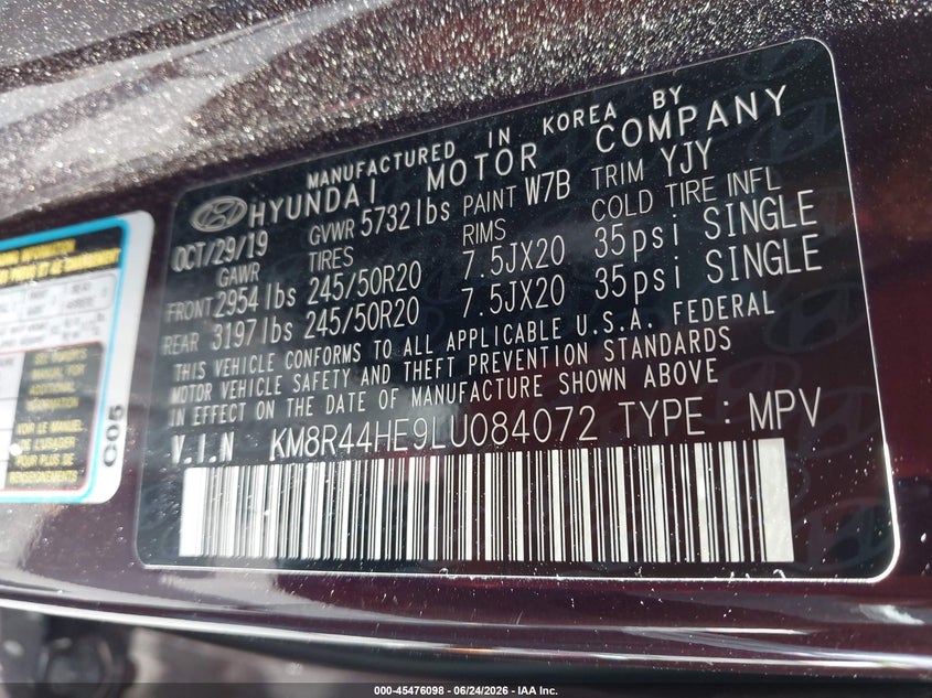 2020 Hyundai Palisade VIN KM8R44HE9LU084072 IAAI salvage auction — FRONT END, Certificate Of Destruction (Florida), sold $1,050 on 2026-07-30 (photo 9)