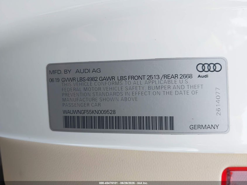 2019 Audi A5 VIN WAUWNGF55KN009528 IAAI salvage auction — REAR END, Salvage Title, sold $8,800 on 2026-08-20 (photo 9)