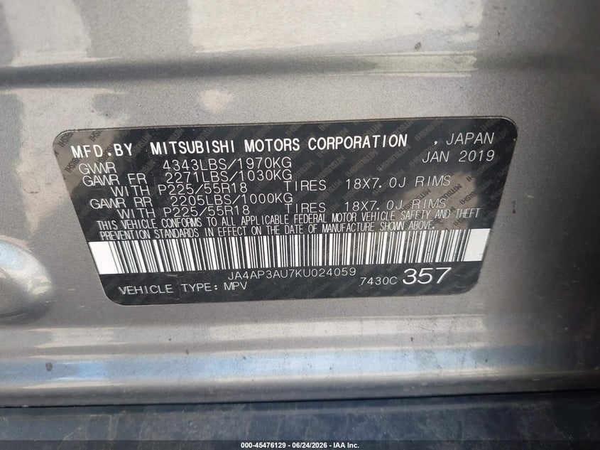 2019 Mitsubishi Outlander VIN JA4AP3AU7KU024059 IAAI salvage auction — RIGHT SIDE, Salvage (Pennsylvania), sold $3,950 on 2026-07-14 (photo 9)