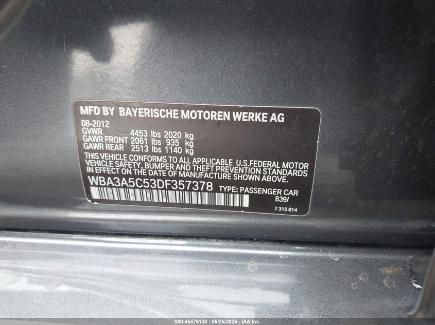 2013 BMW 3er VIN WBA3A5C53DF357378 IAAI salvage auction — REAR END, Salvage Title, sold $1,100 on 2026-08-08 (photo 9)