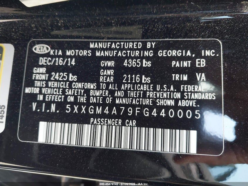 2015 Kia Optima VIN 5XXGM4A79FG440005 IAAI salvage auction — RIGHT FRONT, Salvage (Texas), sold $950 on 2026-08-02 (photo 9)