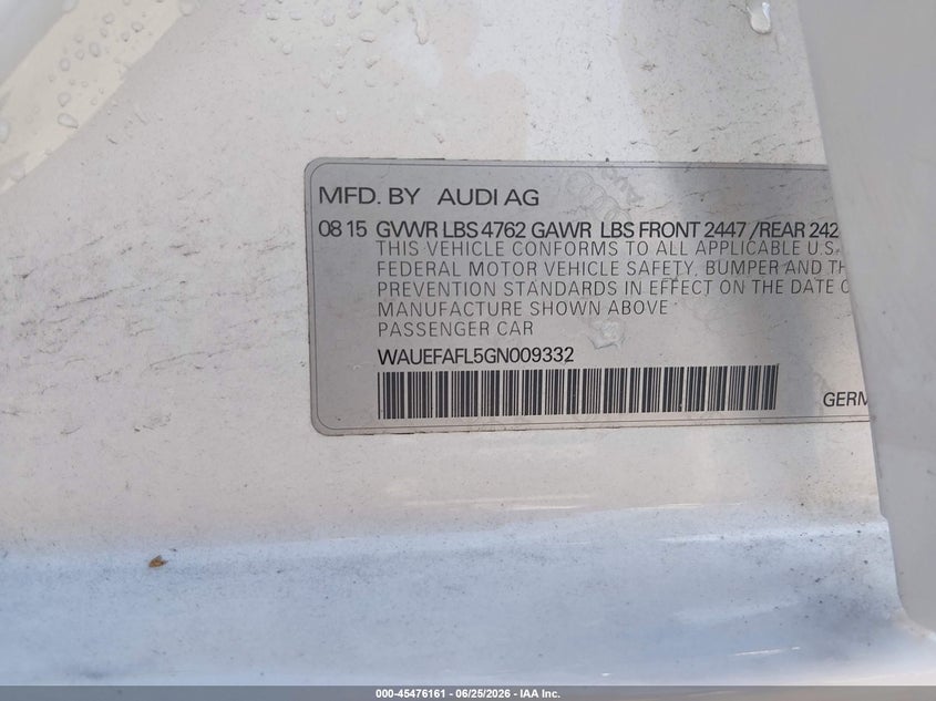 2016 Audi A4 VIN WAUEFAFL5GN009332 IAAI salvage auction — FRONT END, Salvage - Greater Than 75% (Maryland), sold $700 on 2026-07-23 (photo 9)