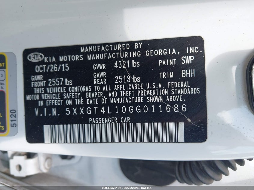 2016 Kia Optima VIN 5XXGT4L10GG011686 IAAI salvage auction — FRONT & REAR, Salvage Title, sold $800 on 2026-07-16 (photo 9)
