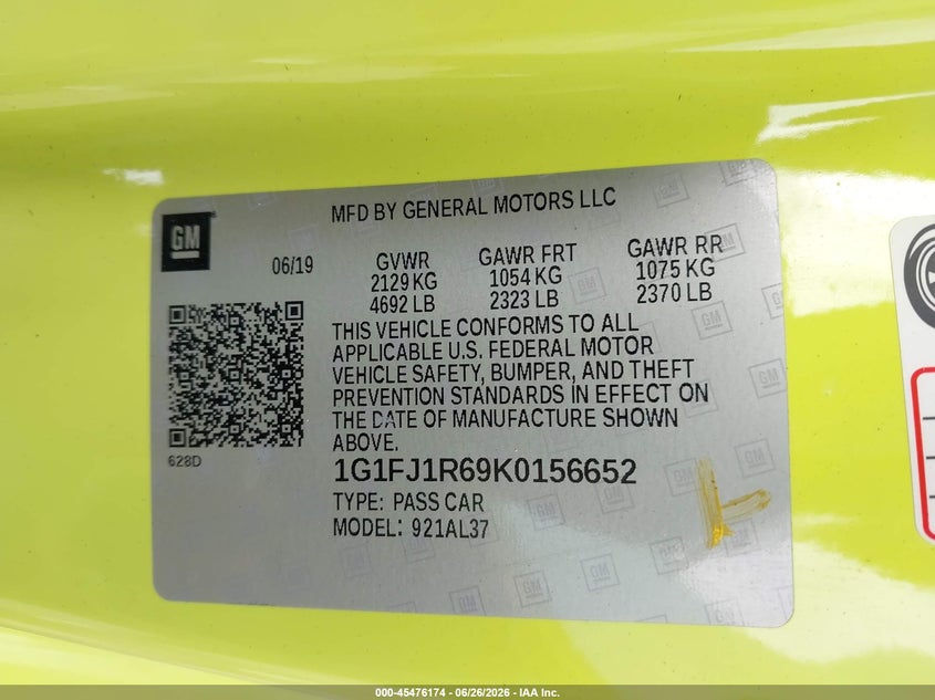 2019 Chevrolet Camaro VIN 1G1FJ1R69K0156652 IAAI salvage auction — FRONT END, Salvage Title, sold $25,250 on 2026-07-30 (photo 9)