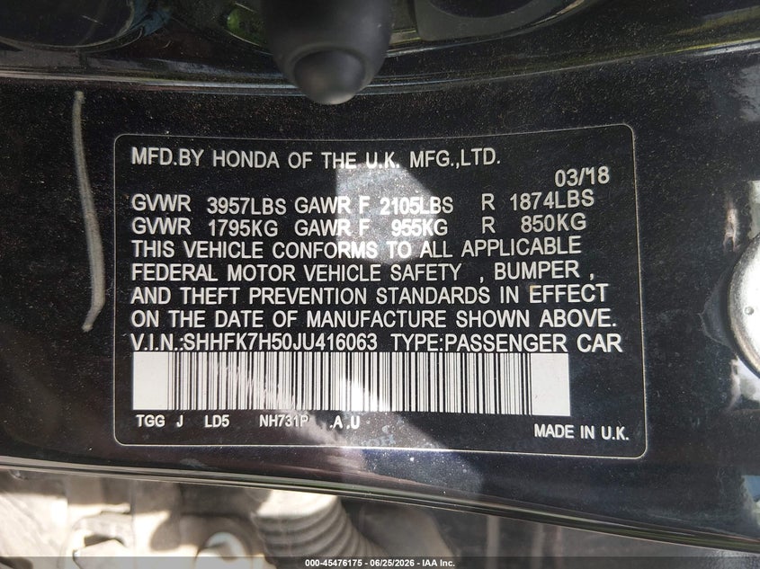2018 Honda Civic VIN SHHFK7H50JU416063 IAAI salvage auction — RIGHT FRONT, Salvage Title, sold $2,050 on 2026-07-23 (photo 9)
