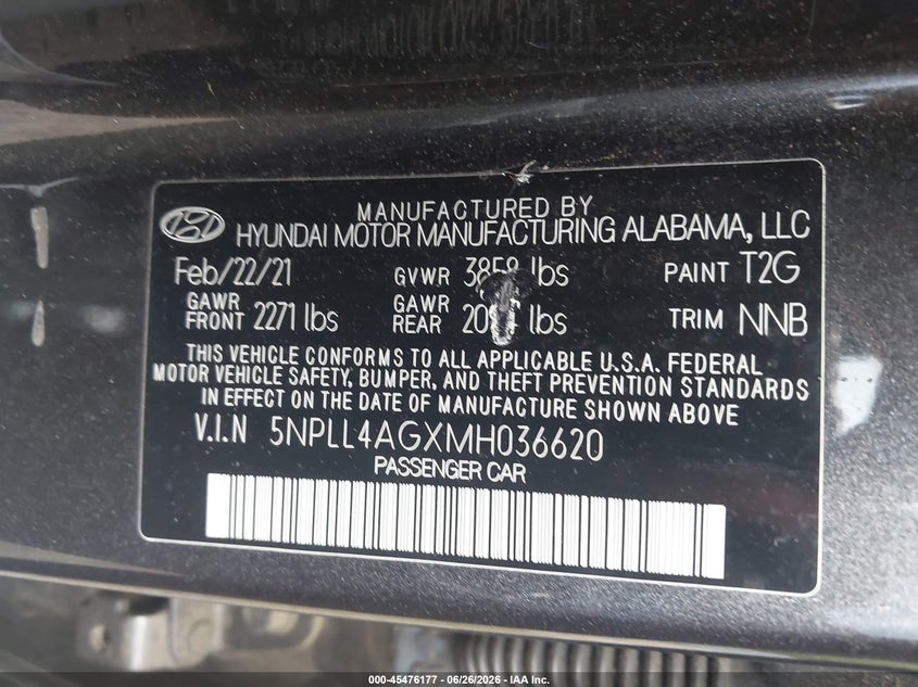 2021 Hyundai Elantra VIN 5NPLL4AGXMH036620 IAAI salvage auction — FRONT END, Salvage (New Jersey), sold $3,000 on 2026-07-29 (photo 9)