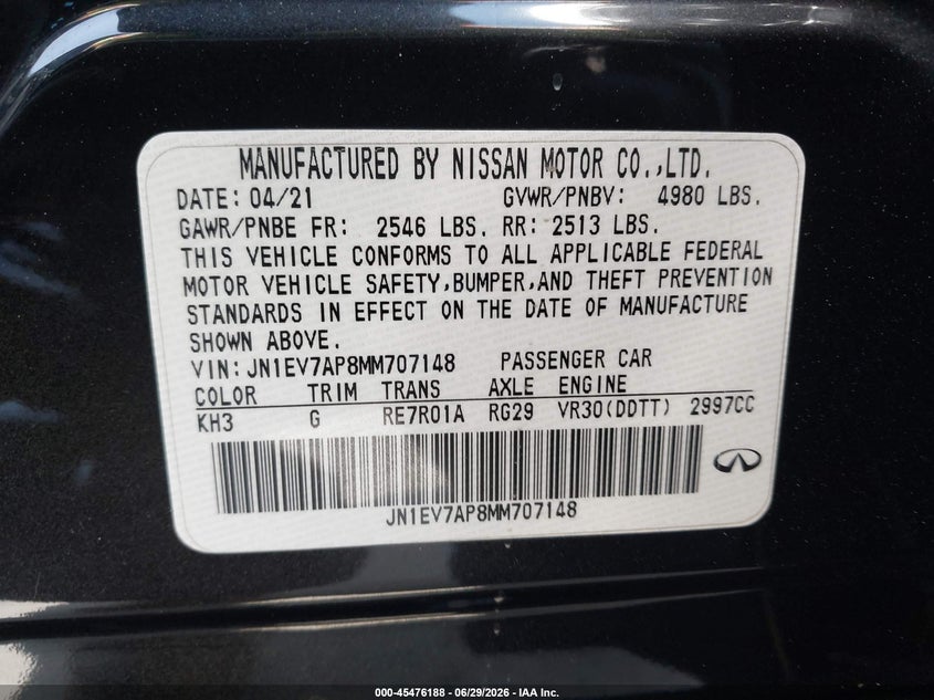 2021 Infiniti Q50 VIN JN1EV7AP8MM707148 IAAI salvage auction — RIGHT SIDE, Salvage (Arizona), sold $7,550 on 2026-07-15 (photo 9)