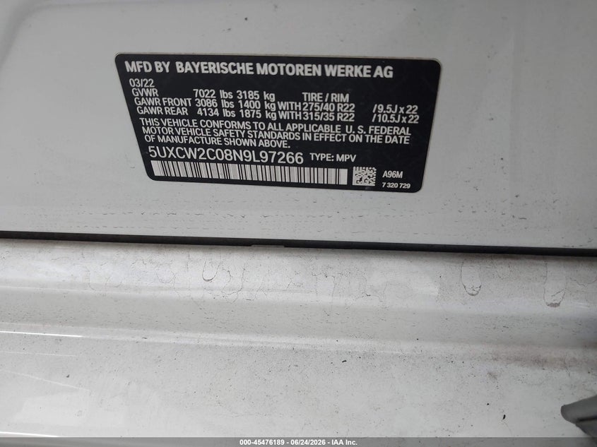 2022 BMW X7 VIN 5UXCW2C08N9L97266 IAAI salvage auction — RIGHT FRONT, Salvage Title, sold $17,000 on 2026-07-29 (photo 9)