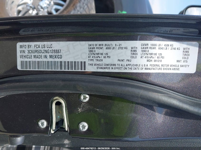 2022 Ram 2500 VIN 3C6UR5DL2NG128887 IAAI salvage auction — RIGHT FRONT, Salvage Title, sold $11,700 on 2026-07-28 (photo 9)