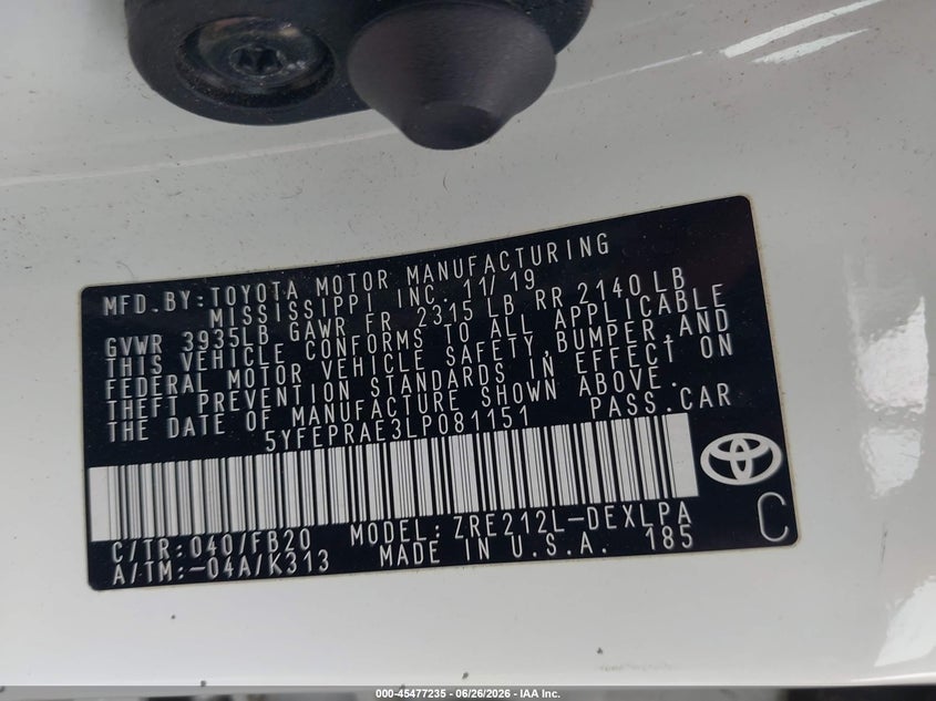 2020 Toyota Corolla VIN 5YFEPRAE3LP081151 IAAI salvage auction — FRONT & REAR, Salvage (Virginia), sold $3,800 on 2026-07-28 (photo 9)