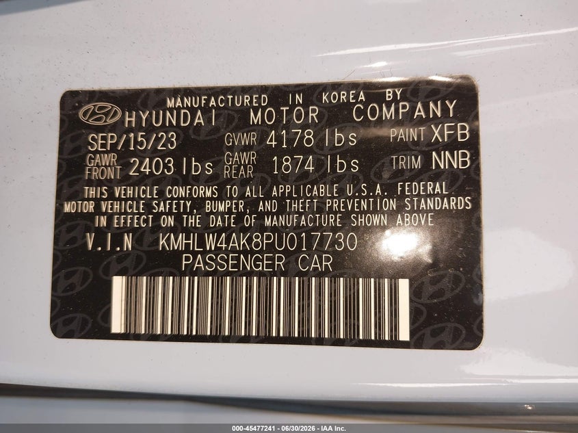 2023 Hyundai Elantra n VIN KMHLW4AK8PU017730 IAAI salvage auction — FRONT END, Salvage Title, sold $7,100 on 2026-08-11 (photo 9)