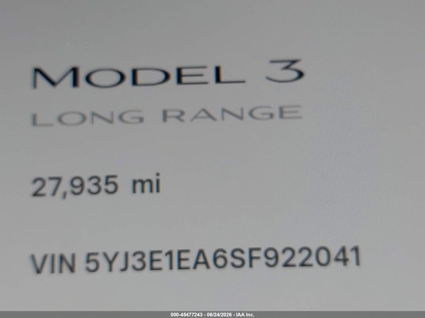 2025 Tesla Model 3 VIN 5YJ3E1EA6SF922041 IAAI salvage auction — FRONT & REAR, Salvage Title, sold $10,600 on 2026-07-30 (photo 7)