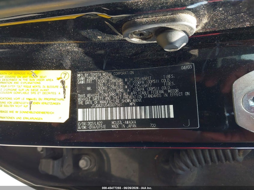 2004 Lexus Rx VIN JTJGA31U540007561 IAAI salvage auction — NORMAL WEAR, Clear, sold $25 on 2026-07-22 (photo 9)