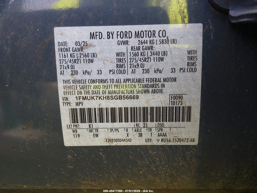 2025 Ford Explorer VIN 1FMUK7KH8SGB56669 IAAI salvage auction — REAR END, Salvage (South Carolina), sold $16,500 on 2026-07-29 (photo 9)