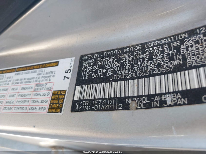 2006 Toyota Prius VIN JTDKB20U063140557 IAAI salvage auction — NORMAL WEAR, Original (Texas), sold $500 on 2026-07-29 (photo 9)