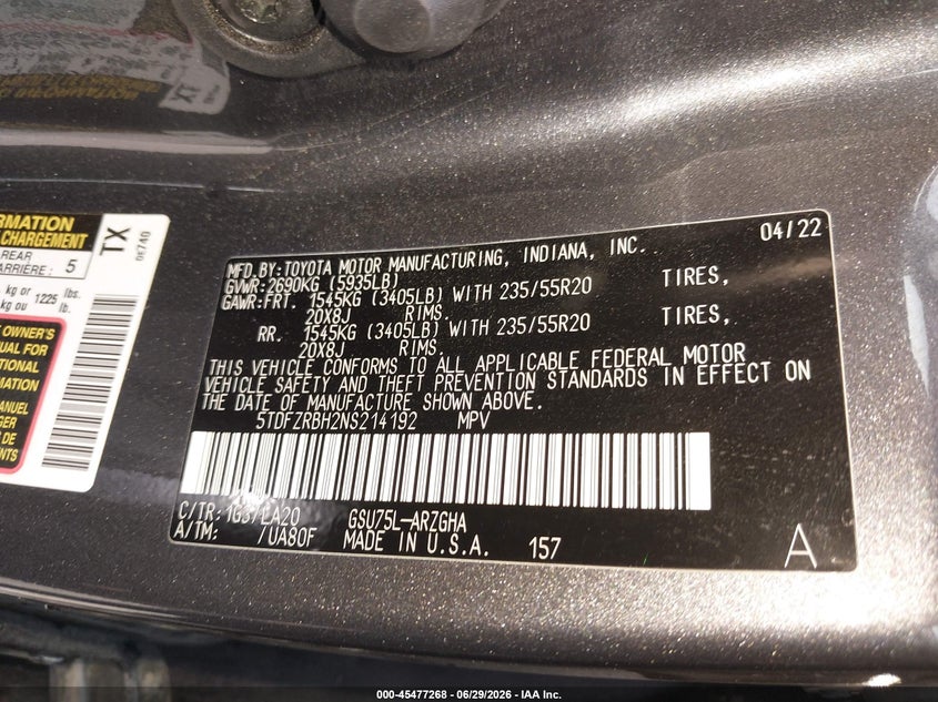 2022 Toyota Highlander VIN 5TDFZRBH2NS214192 IAAI salvage auction — FRONT END, Salvage (North Dakota), sold $16,800 on 2026-07-30 (photo 9)