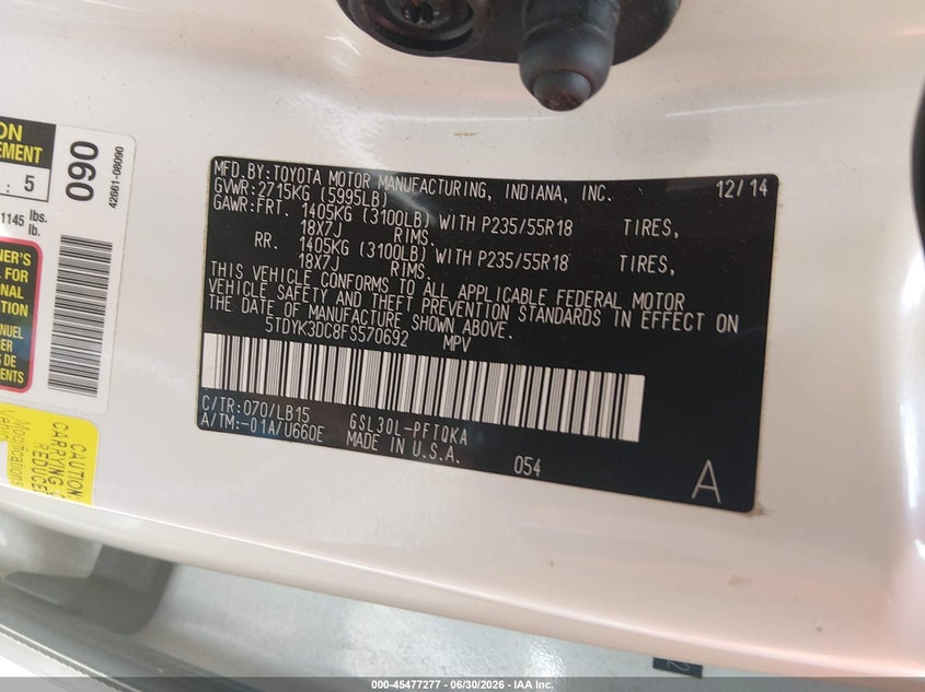 2015 Toyota Sienna VIN 5TDYK3DC8FS570692 IAAI salvage auction — REAR END, Salvage Title, sold $3,650 on 2026-07-22 (photo 9)