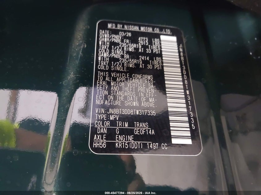 2026 Nissan Rogue VIN JN8BT3DD8TW317335 IAAI salvage auction — FRONT END, Wait Title, sold $7,525 on 2026-08-21 (photo 9)
