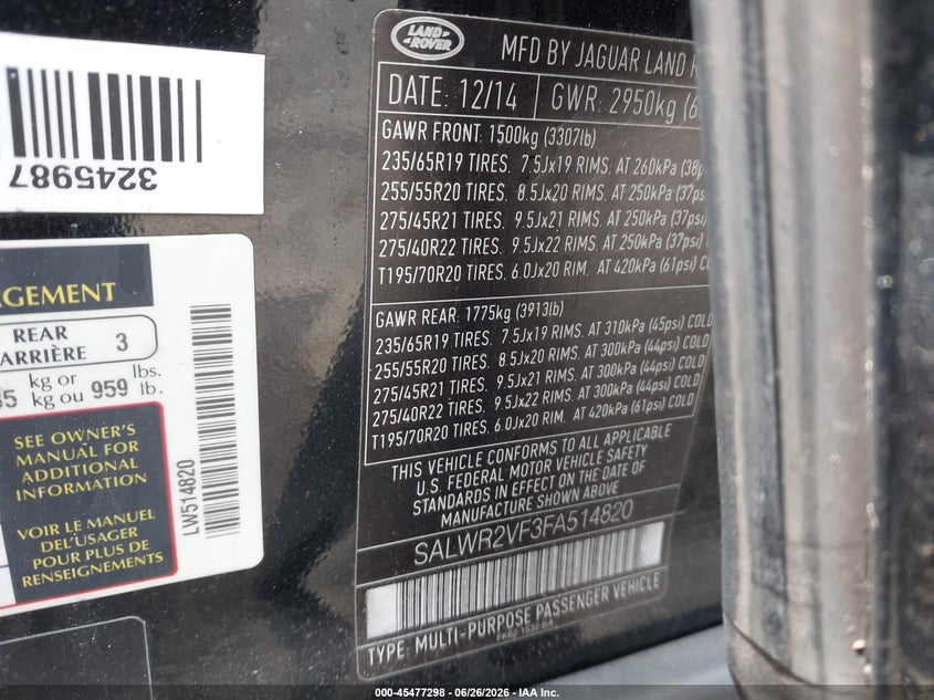 2015 Land rover Range rover sport VIN SALWR2VF3FA514820 IAAI salvage auction — NORMAL WEAR, Clear (New Jersey), sold $2,800 on 2026-07-30 (photo 9)