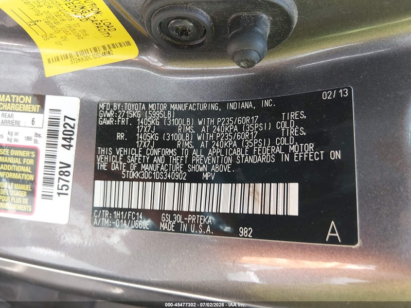 2013 Toyota Sienna VIN 5TDKK3DC1DS340902 IAAI salvage auction — LEFT SIDE, Clear (Indiana), sold $1,650 on 2026-07-29 (photo 9)