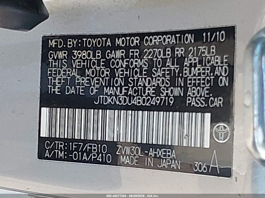 2011 Toyota Prius VIN JTDKN3DU4B0249719 IAAI salvage auction — NORMAL WEAR, Clear (Indiana), sold $1,050 on 2026-07-10 (photo 9)