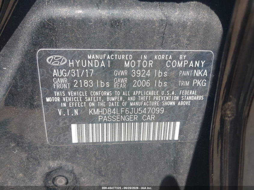 2018 Hyundai Elantra VIN KMHD84LF6JU547099 IAAI salvage auction — REAR END, Salvage Title, sold $25 on 2026-07-22 (photo 9)