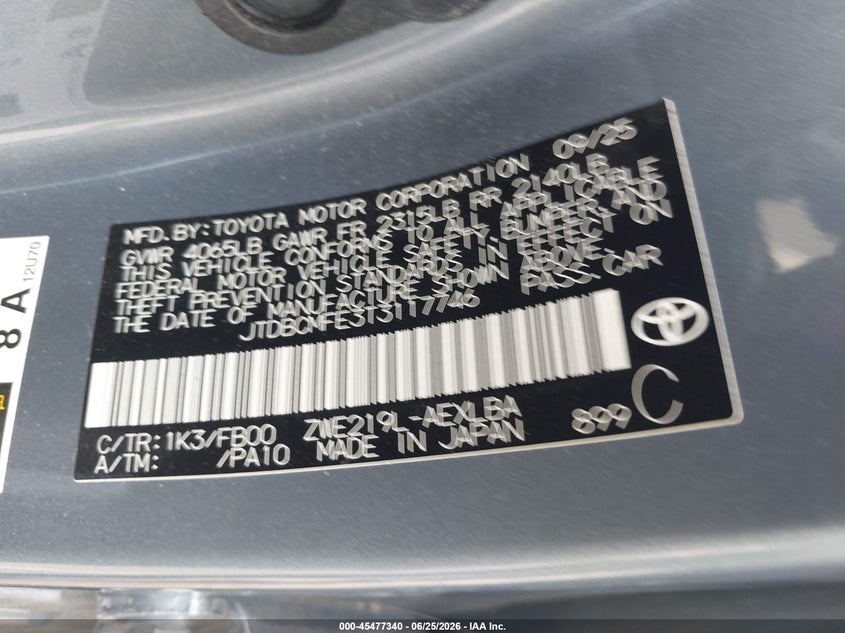 2026 Toyota Corolla VIN JTDBCMFE3T3117746 IAAI salvage auction — REAR END, Salvage (North Carolina), sold $8,600 on 2026-08-01 (photo 9)