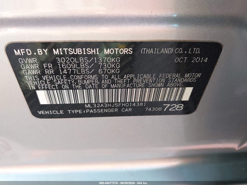 2015 Mitsubishi Mirage VIN ML32A3HJ5FH014381 IAAI salvage auction — RIGHT SIDE, Clear (Virginia), sold $475 on 2026-07-18 (photo 9)