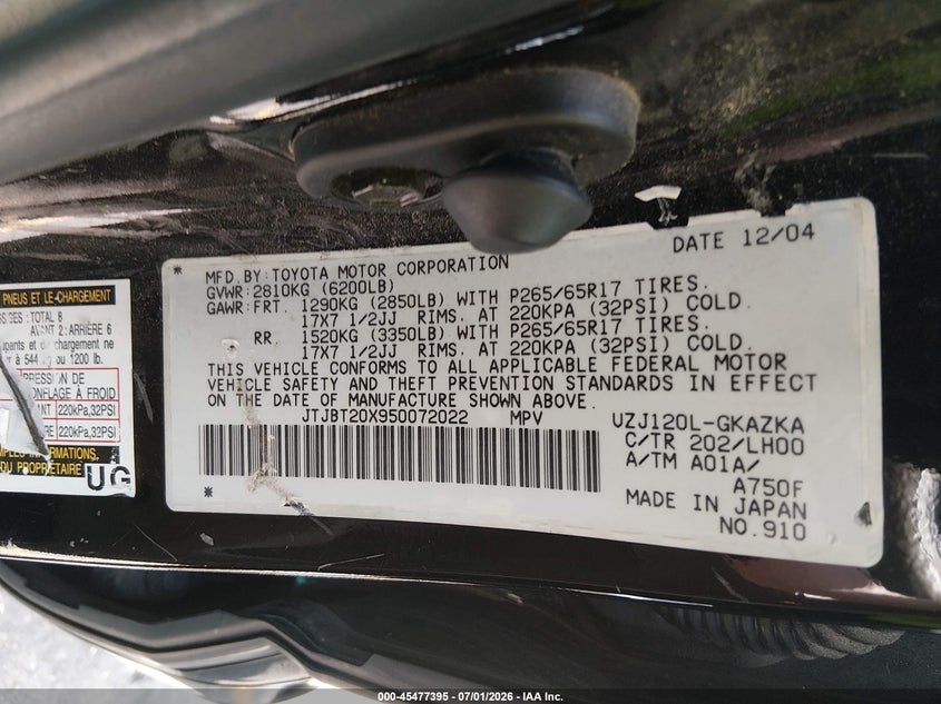 2005 Lexus Gx 470 VIN JTJBT20X950072022 IAAI salvage auction — NORMAL WEAR, Clear (Idaho), sold $5,950 on 2026-07-10 (photo 9)