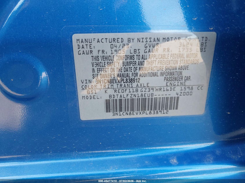 2023 Nissan Versa VIN 3N1CN8EVXPL838912 IAAI salvage auction — FRONT END, Salvage Title, sold $1,850 on 2026-08-02 (photo 9)
