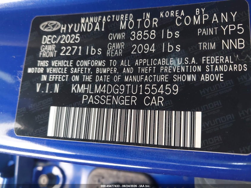 2026 Hyundai Elantra VIN KMHLM4DG9TU155459 IAAI salvage auction — RIGHT SIDE, Clear (Florida), sold $12,025 on 2026-07-11 (photo 9)