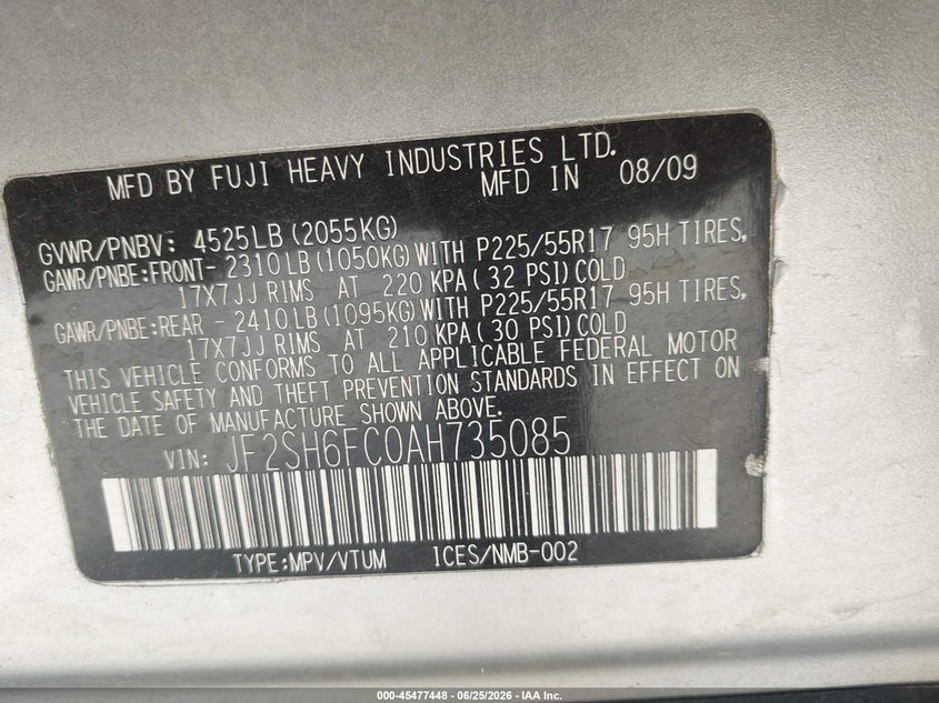 2010 Subaru Forester VIN JF2SH6FC0AH735085 IAAI salvage auction — ROLLOVER, Non-Repairable (Texas), sold $350 on 2026-07-13 (photo 9)