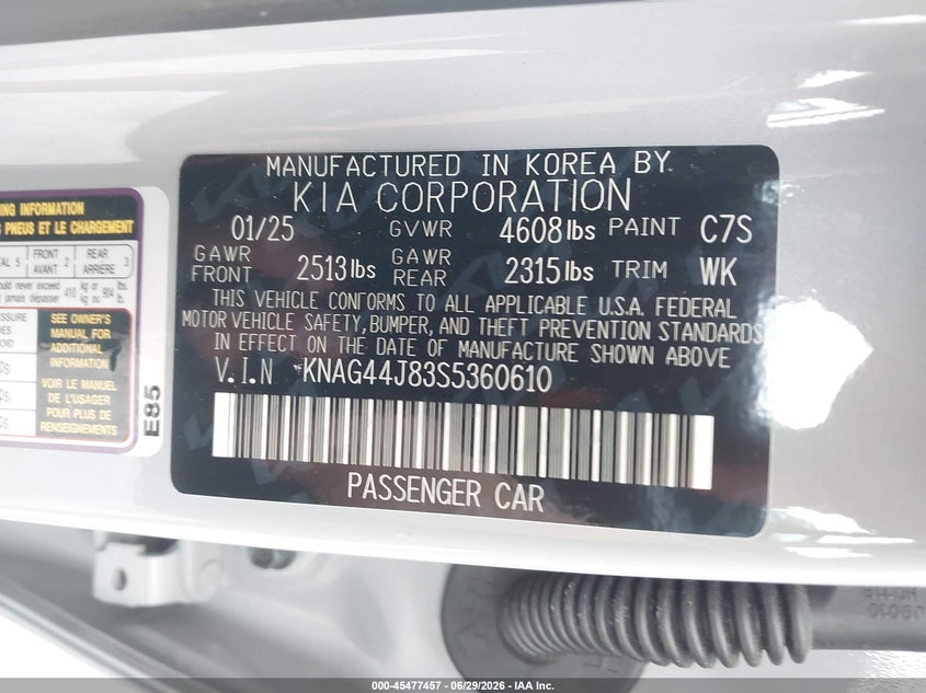 2025 Kia K5 VIN KNAG44J83S5360610 IAAI salvage auction — LEFT SIDE, Mv-907A (New York), sold $5,100 on 2026-07-28 (photo 9)