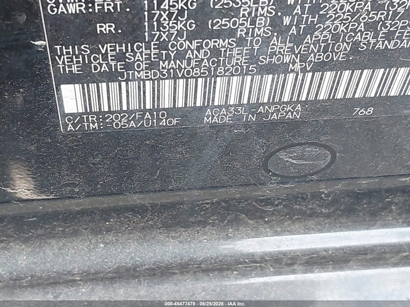 2008 Toyota Rav 4 VIN JTMBD31V085182015 IAAI salvage auction — NORMAL WEAR, Clear (New York), sold $800 on 2026-07-21 (photo 9)