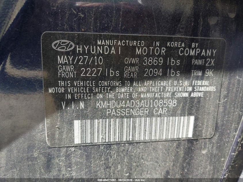 2010 Hyundai Elantra VIN KMHDU4AD3AU108598 IAAI salvage auction — REAR END, Salvage (Ohio), sold $150 on 2026-07-23 (photo 9)