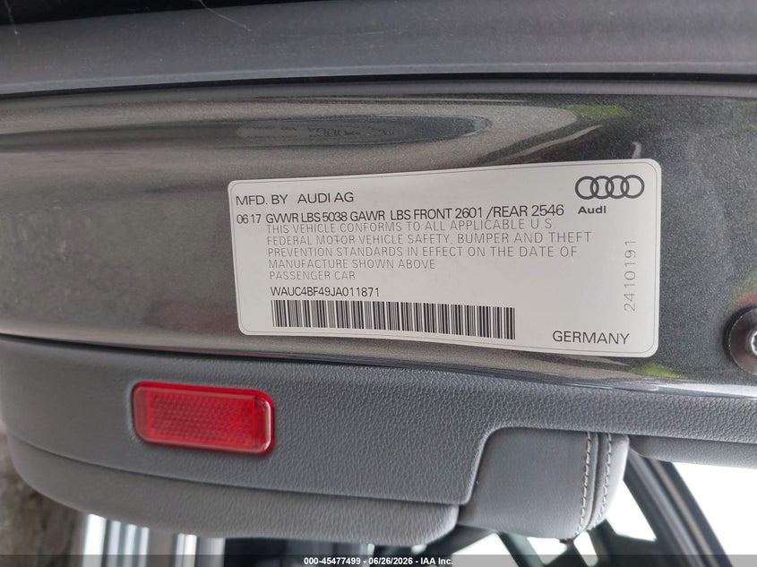 2018 Audi S4 VIN WAUC4BF49JA011871 IAAI salvage auction — WATER/FLOOD, Salvage (Iowa), sold $5,050 on 2026-08-01 (photo 9)