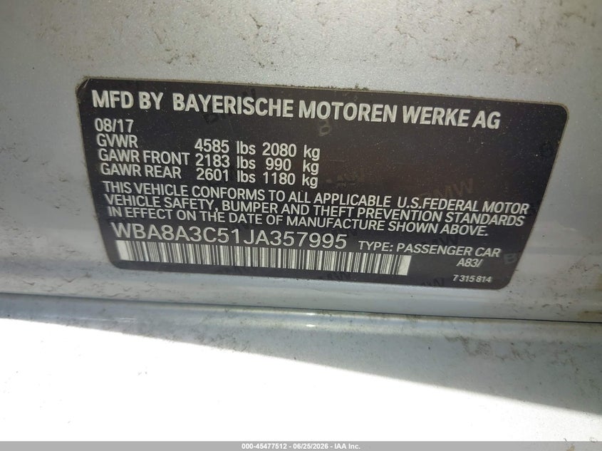 2018 BMW 3er VIN WBA8A3C51JA357995 IAAI salvage auction — FRONT END, Salvage (New Jersey), sold $3,550 on 2026-08-10 (photo 9)