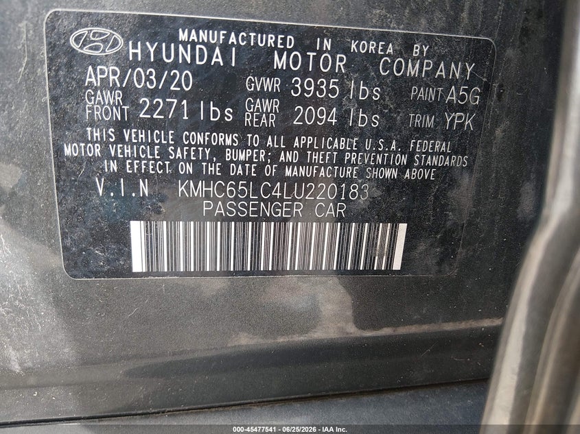 2020 Hyundai Ioniq hybrid VIN KMHC65LC4LU220183 IAAI salvage auction — RIGHT SIDE, Sf97 (Ohio), sold $10,700 on 2026-08-12 (photo 9)