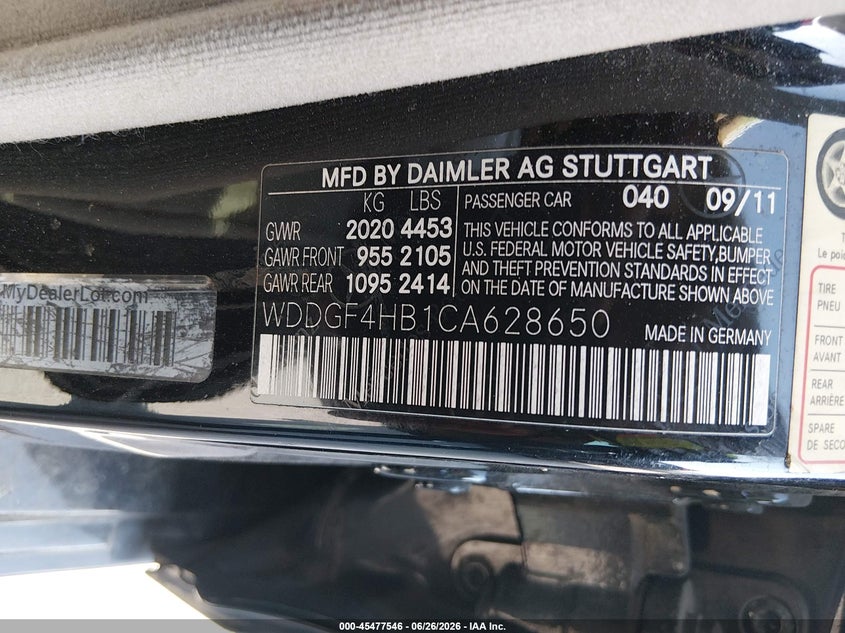 2012 Mercedes-benz C-klasse VIN WDDGF4HB1CA628650 IAAI salvage auction — NORMAL WEAR, Original (Texas), sold $275 on 2026-07-06 (photo 9)