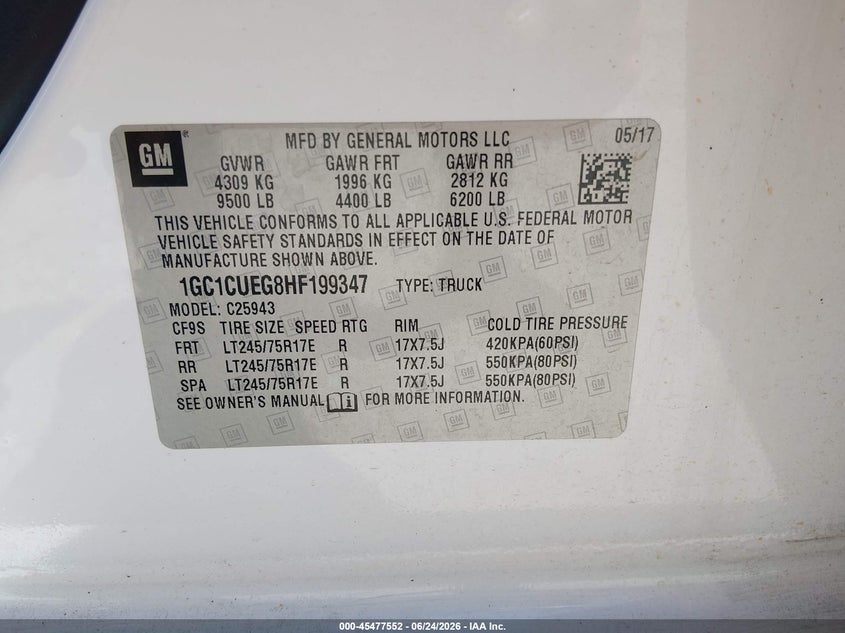 2017 Chevrolet Silverado VIN 1GC1CUEG8HF199347 IAAI salvage auction — NORMAL WEAR, SF97 (Alabama), sold $18,900 on 2026-09-09 (photo 9)