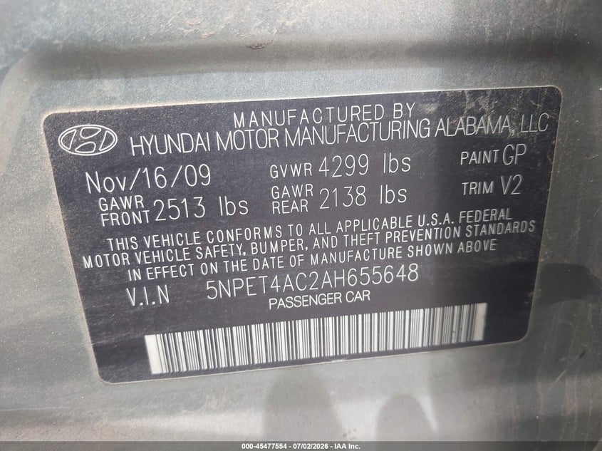 2010 Hyundai Sonata VIN 5NPET4AC2AH655648 IAAI salvage auction — RIGHT FRONT, Clear - Dealer Only (California), sold $400 on 2026-07-21 (photo 9)