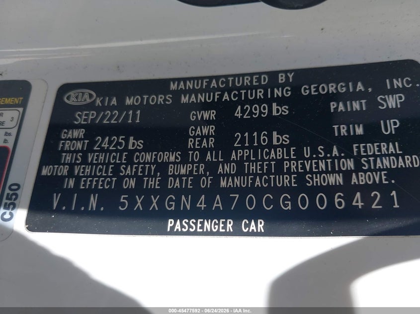 2012 Kia Optima VIN 5XXGN4A70CG006421 IAAI salvage auction — NORMAL WEAR, Clear - Dealer Only (California), sold $375 on 2026-07-29 (photo 9)
