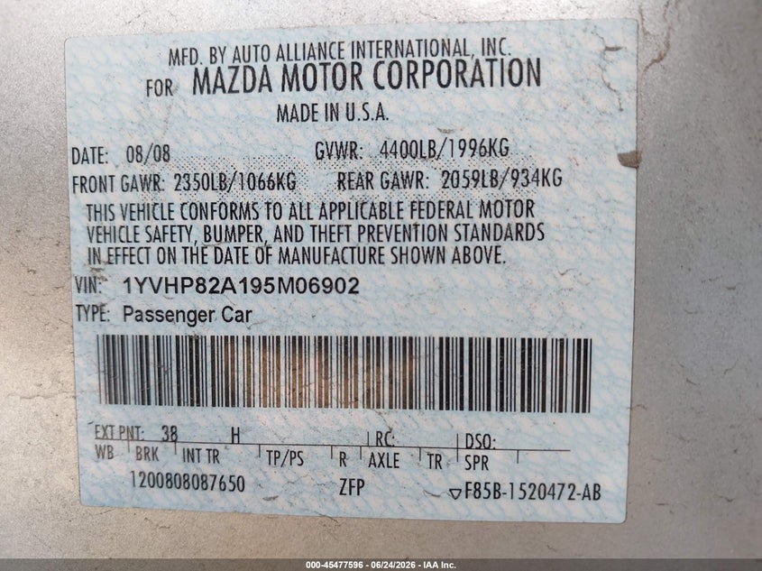 2009 Mazda 6 VIN 1YVHP82A195M06902 IAAI salvage auction — REAR END, Salvage (Arizona), sold $750 on 2026-07-09 (photo 9)